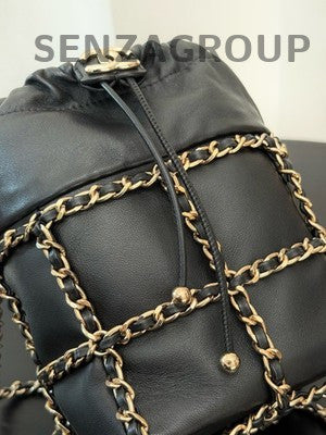 Chanel Black Silver Lambskin Drawstring Bucket Bag Chain Crossbody Women