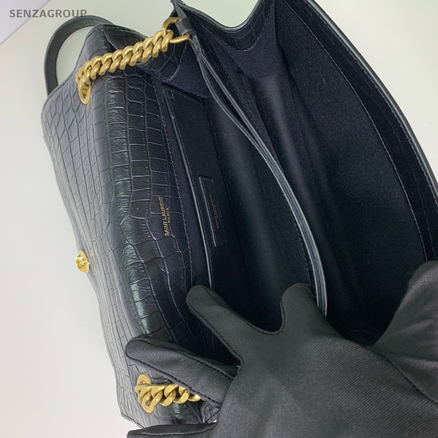 YSL Saint Laurent Kate Alligator pattern Chain Shoulder bag Black Gold Women
