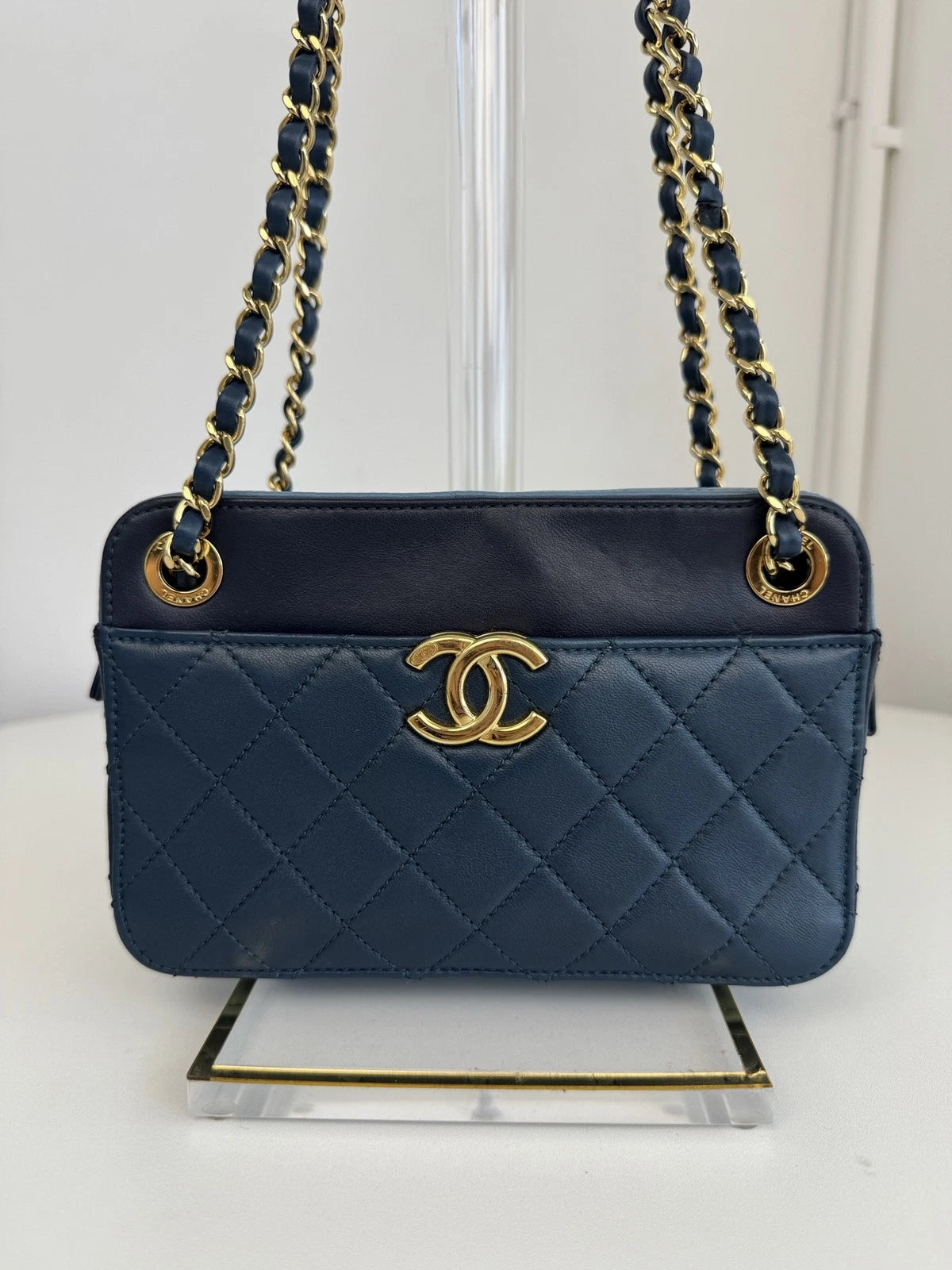 Chanel Diamond Camera Bag Double Chain Blue Shoulder Bag Gold Hardware