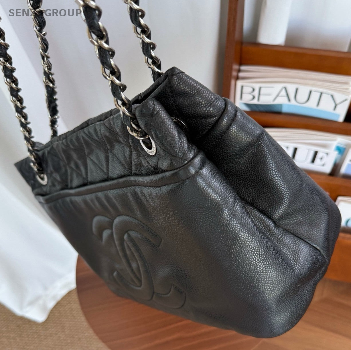 CHANEL CC Relief carving Calfskin Tote Chain Shoulder bag Black Silver Women