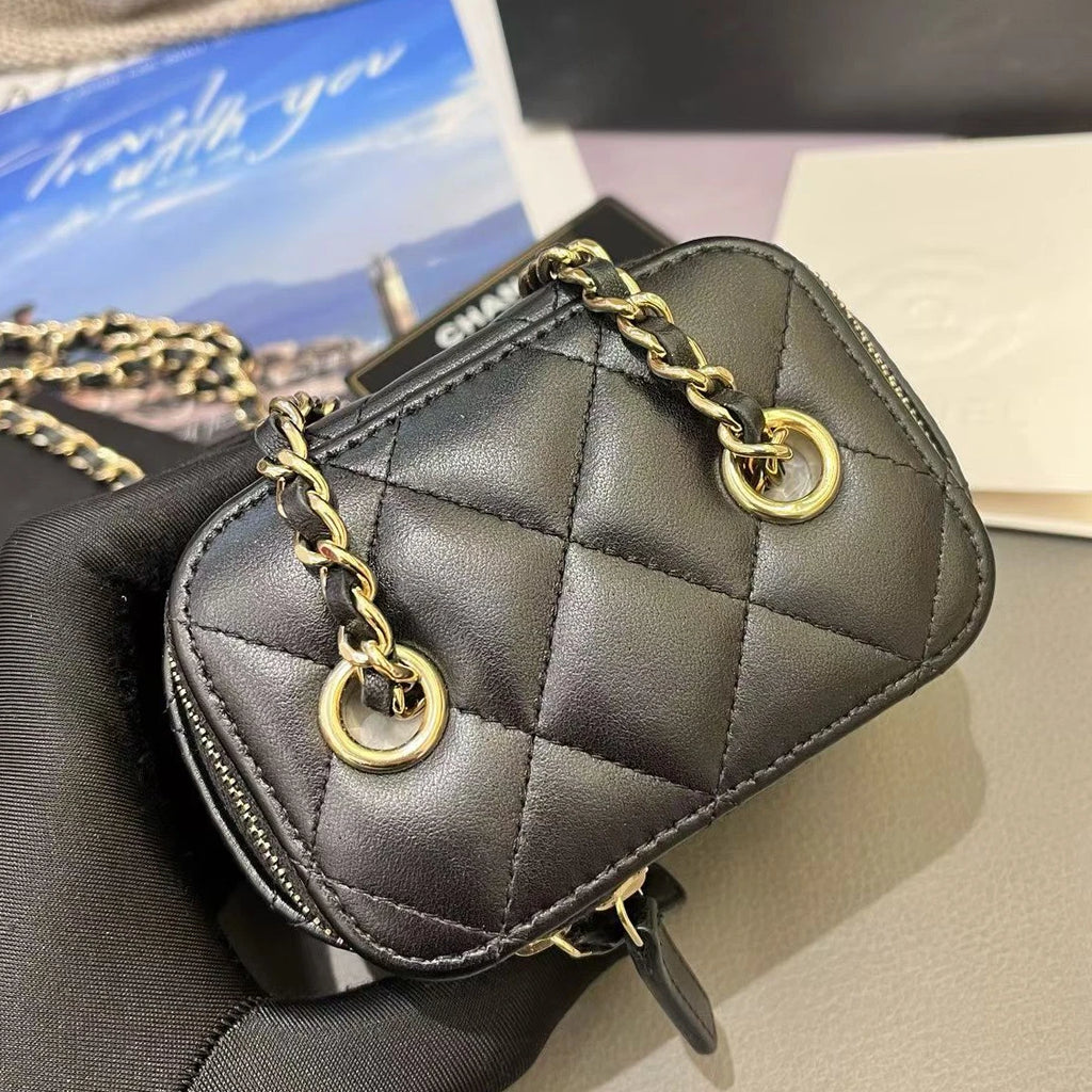 Chanel Lambskin Mini Vanity Case Chain Crossbody Black Gold Diamond Women