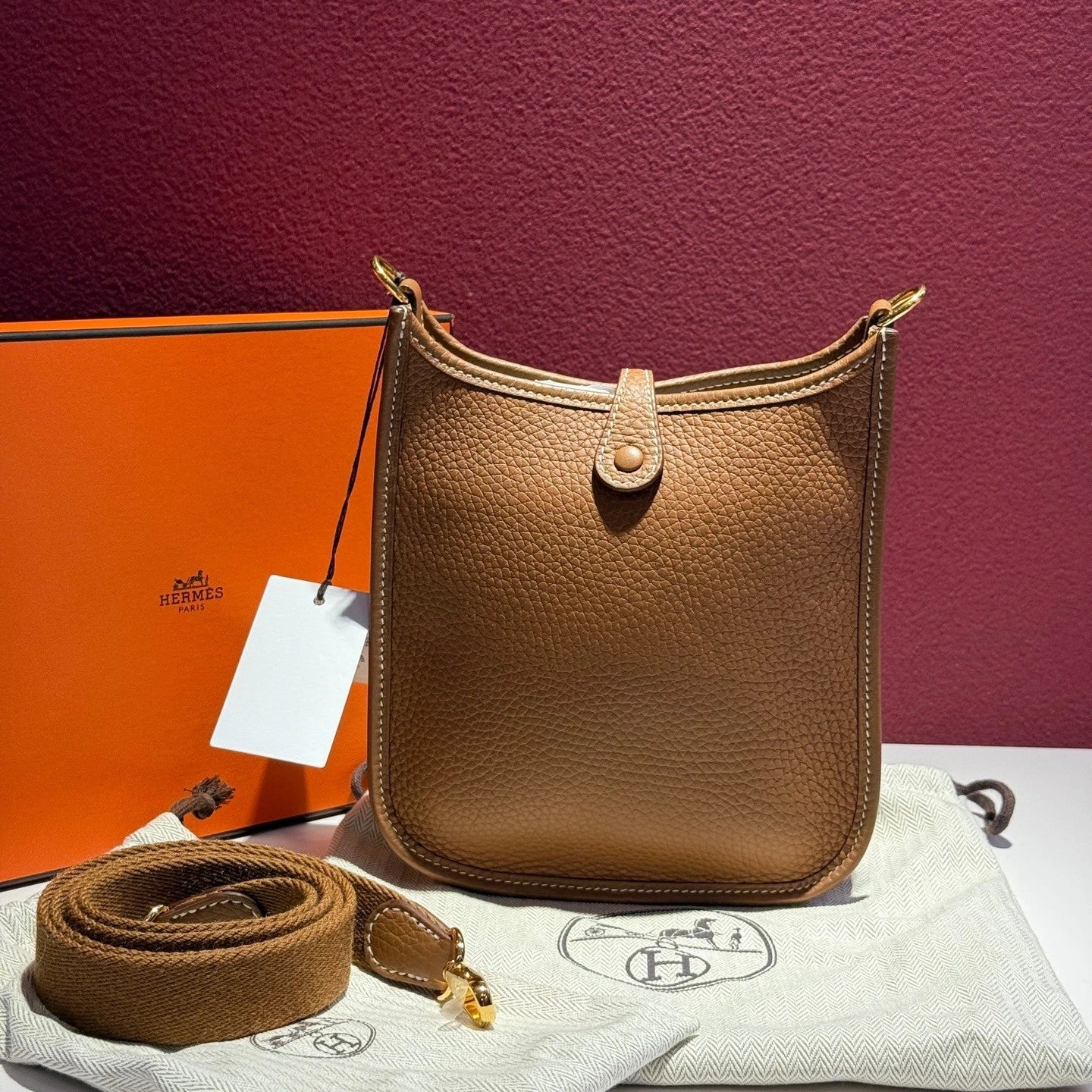 Hermes Evelyne Mini Brown TC Leather Shoulder Crossbody Bag For Women