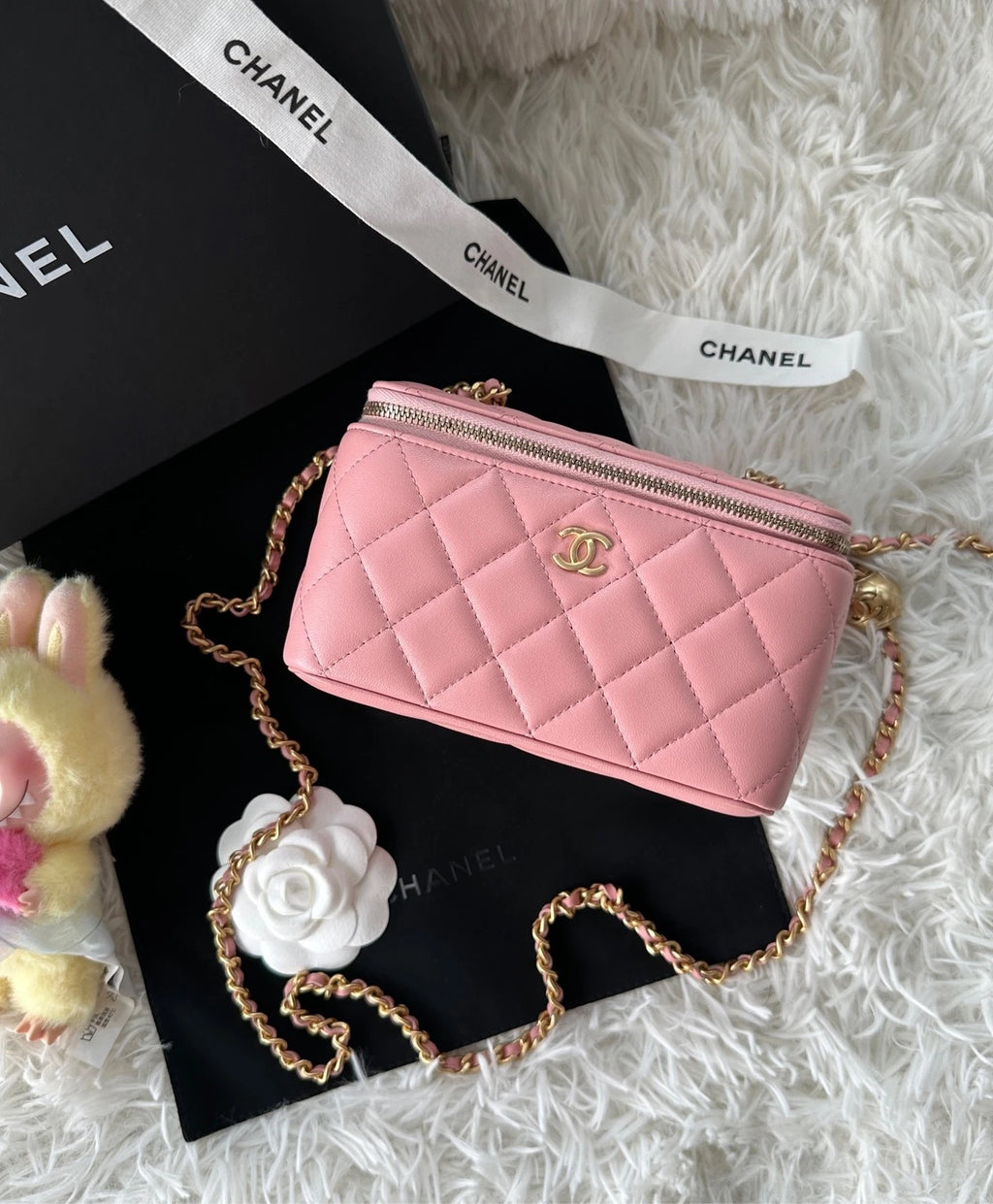 CHANEL Coral Pink Lambskin Gold Ball Long Box Shoulder Crossbody Women