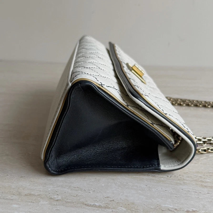 Chanel 2.55 Diamond Baguette Gold Chain Shoulder Bag in White Leather