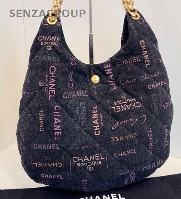 Chanel Hobo Chain Shoulder Bag Gold Black Used Women Designer
