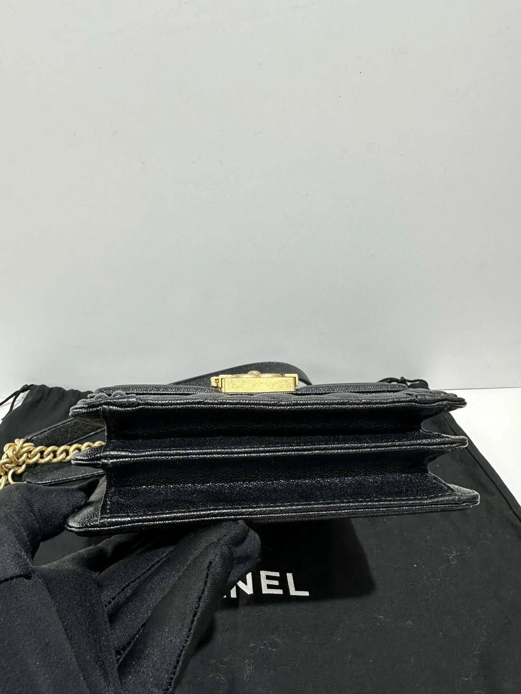 CHANEL Vertical Leboy Black Gold Leather Shoulder Bag For Women