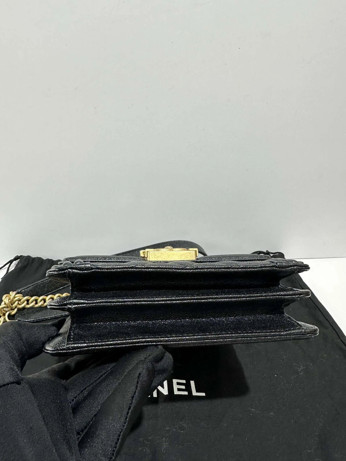 CHANEL Vertical Leboy Black Gold Leather Shoulder Bag For Women