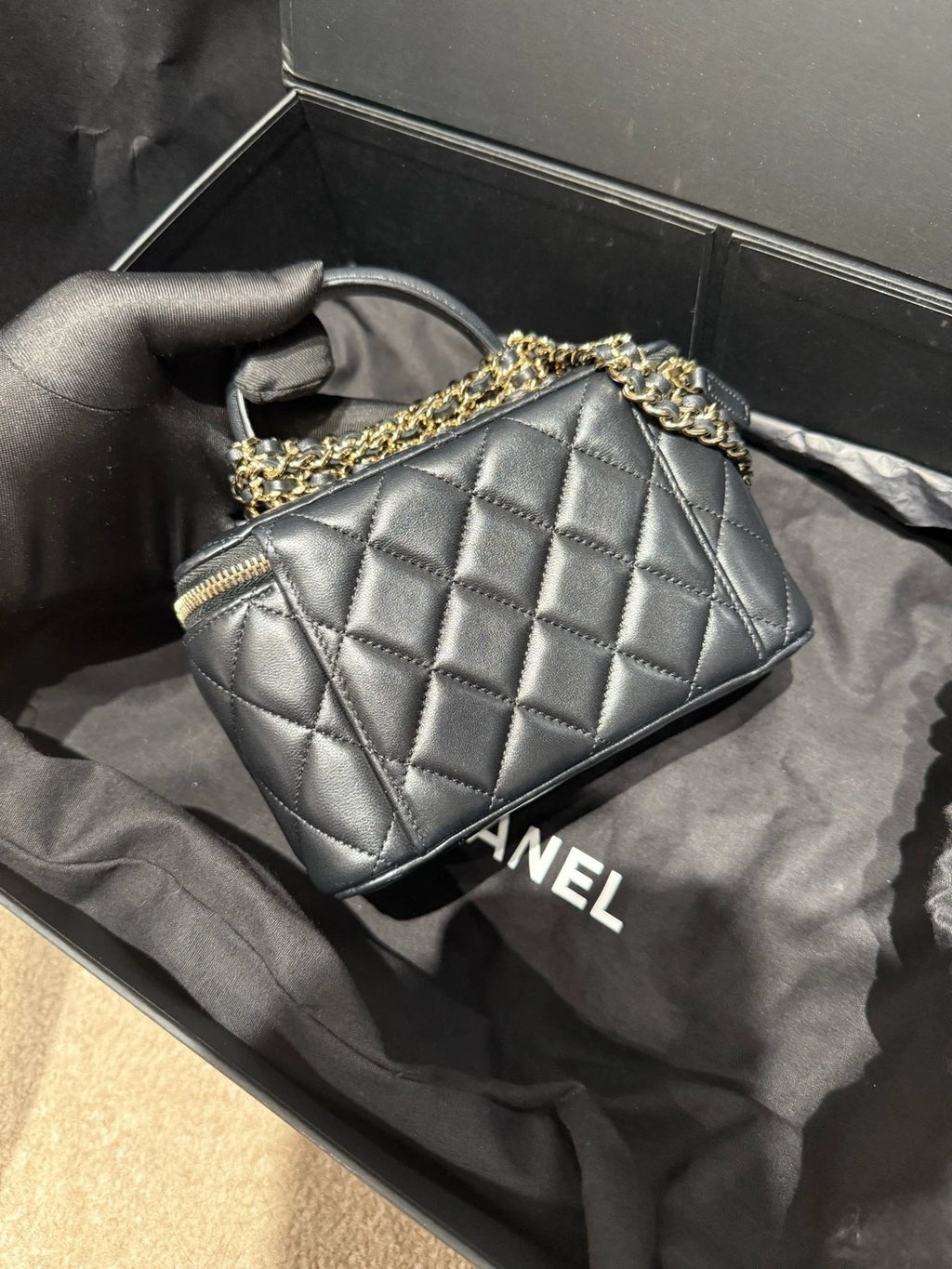 CHANEL 24 Chip Black Gold Lambskin Top Handle Box Bag For Women