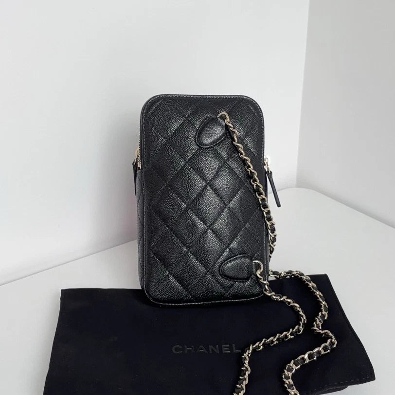 New Chanel Calfskin Phone Bag Gold Chain Black Crossbody Diamond