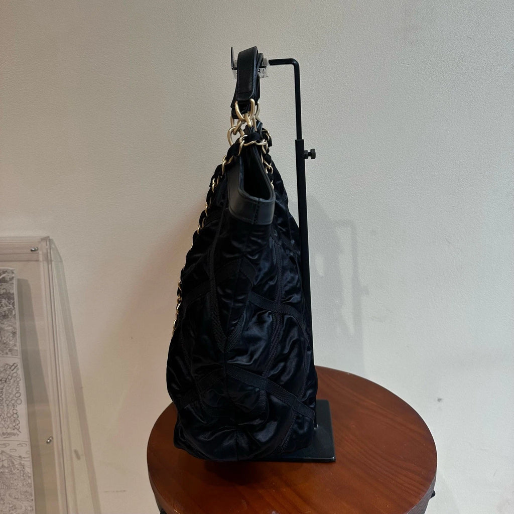 Excellent Chanel Maxi Tote Nylon Black Handbag Chain Shoulder Bag Chip Version