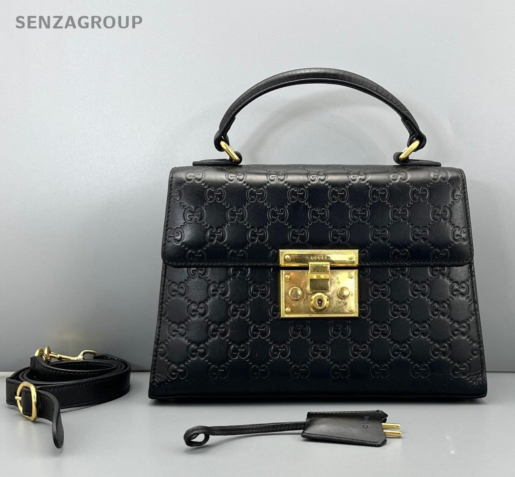 Gucci Padlock Signature Top Handle Bag Crossbody Black Gold Women Classic