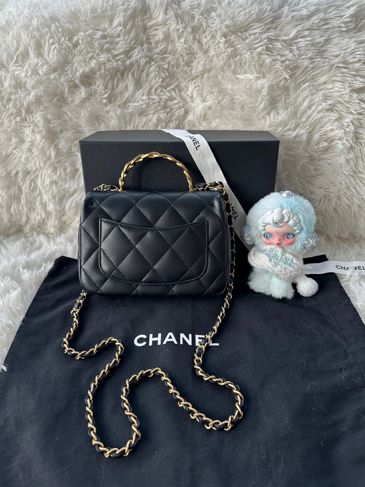 CHANEL Black Gold Lambskin Enamel Handle Crossbody Bag For Women