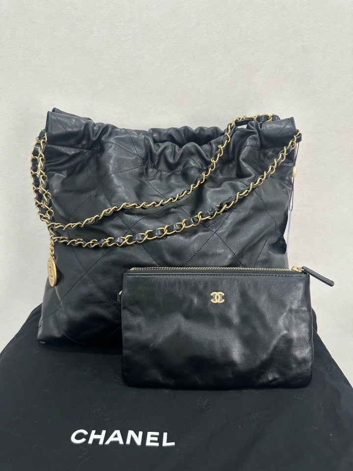 Authentic CHANEL Black Gold Medium 22Bag Tote For Women