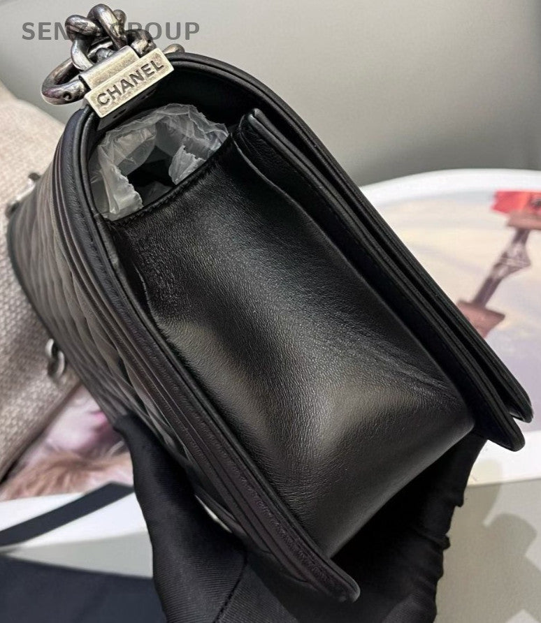 Chanel Leboy MM Lambskin Chain Shoulder Bag Black Silver Used Women Classic