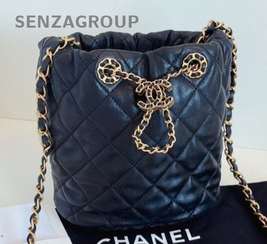 Chanel Diamond Chain Bucket Shoulder Bag Crossbody Black Gold Women Classic