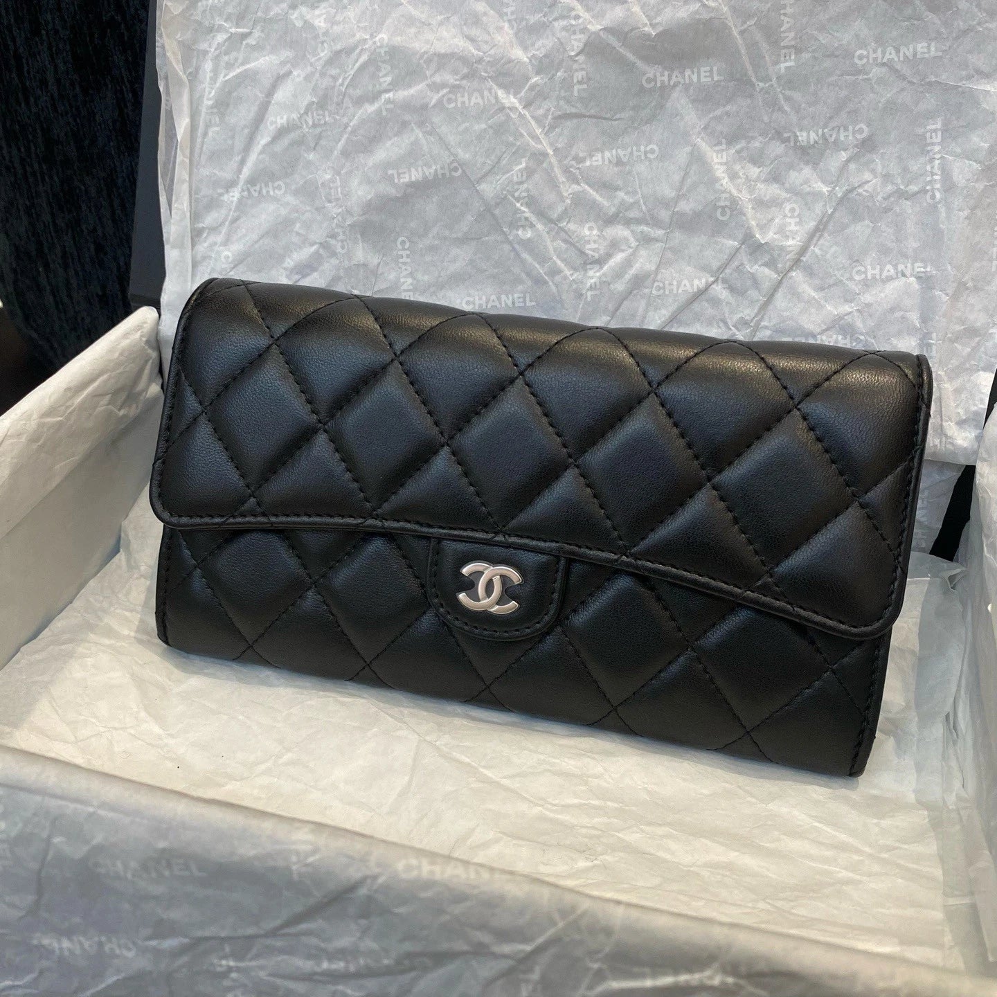 Chanel Classic Flap Lambskin Wallet Black Silver Used Women Diamond Classic