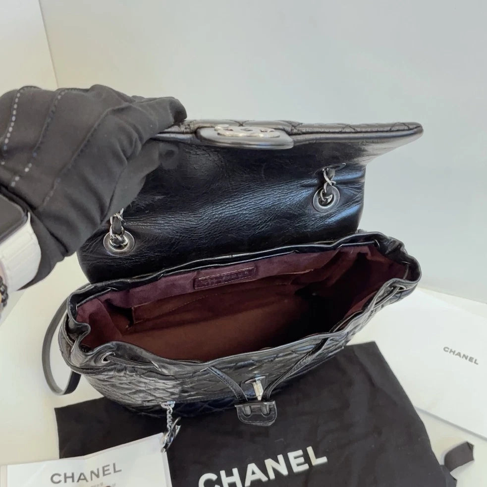 Chanel Calfskin MM Backpack Black Silver Used Women Diamond Classic