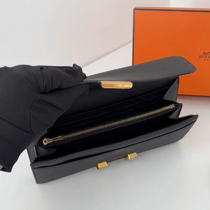 Hermes Constance Togo Epsom Leather Black Gold Clutch Shoulder Bag Crossbody