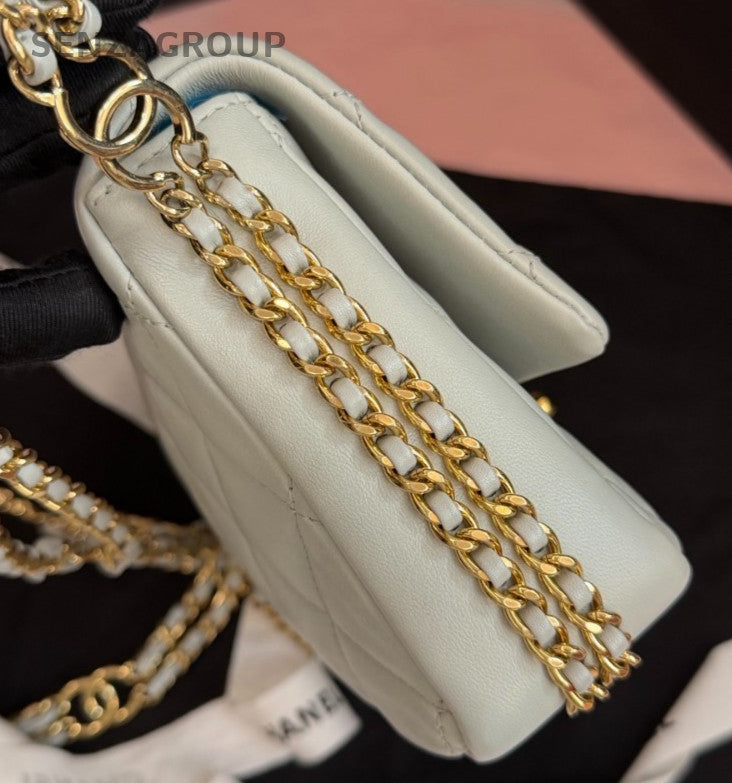 Chanel Classic Flap Mini Lambskin Chain Gray Gold Shoulder Bag Women Fashion