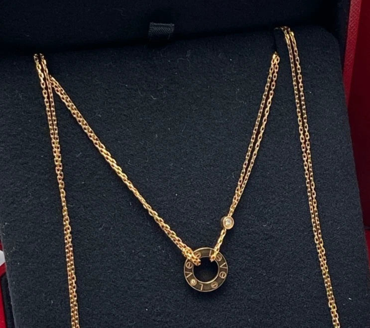Cartier Love 18K Rose Gold 2 Diamonds Round Pendant Necklace