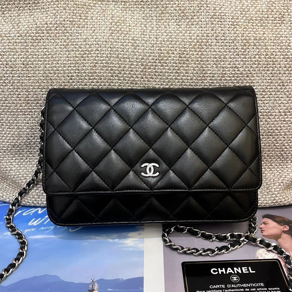 Chanel WOC Lambskin Chain Shoulder Bag Crossbody Diamond Black Silver Women