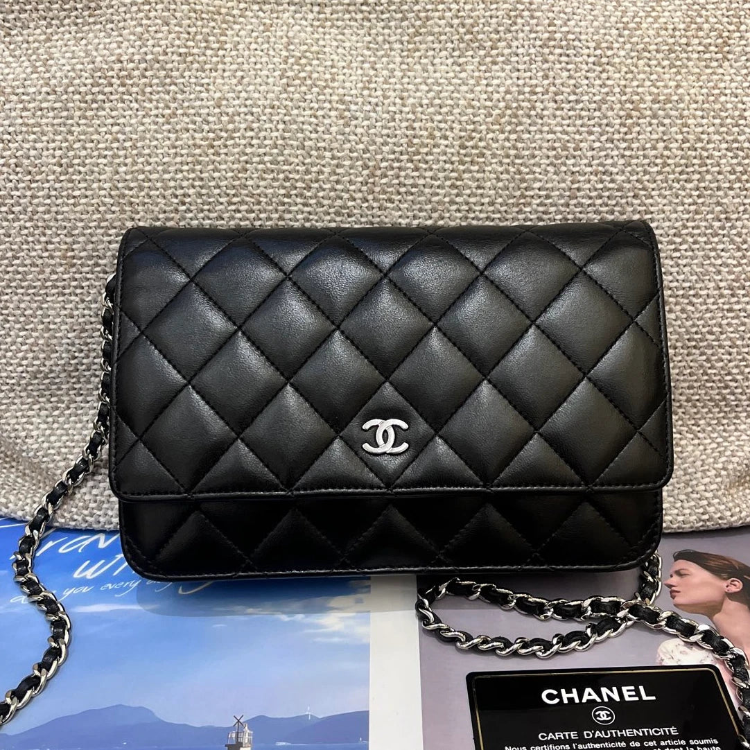 Chanel WOC Lambskin Chain Shoulder Bag Crossbody Diamond Black Silver Women