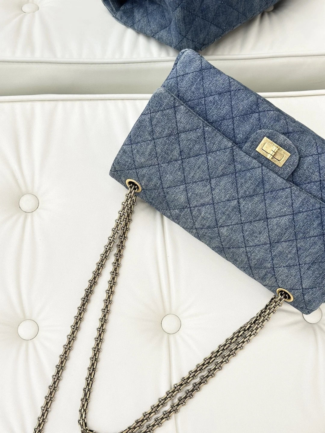 Chanel Denim Diamond Chain Shoulder Crossbody Bag Blue Gold Women S