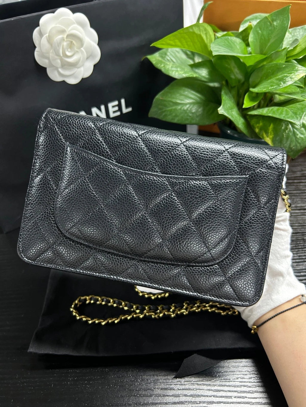 Chanel WOC Chain Shoulder Bag Black Gold Diamond Women Classic