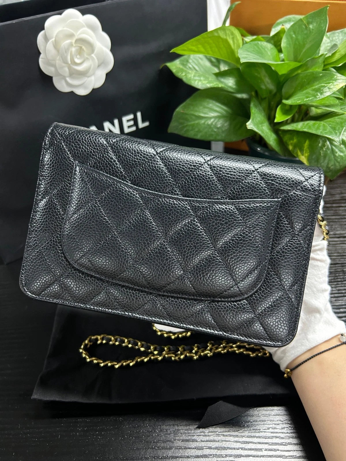 Chanel WOC Chain Shoulder Bag Black Gold Diamond Women Classic