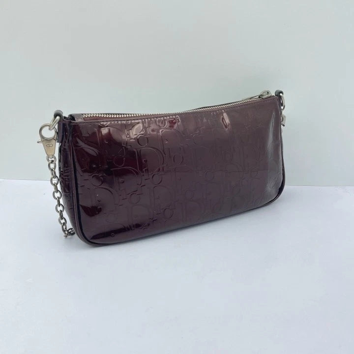 Dior Women's Red Patent Leather Monogram Chain Shoulder Clutch Bag