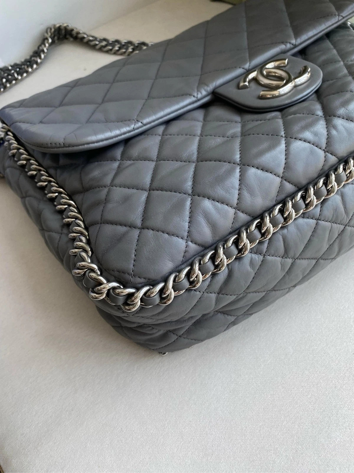 CHANEL Gray Silver Trim Chain Airport Tote Bag For Women