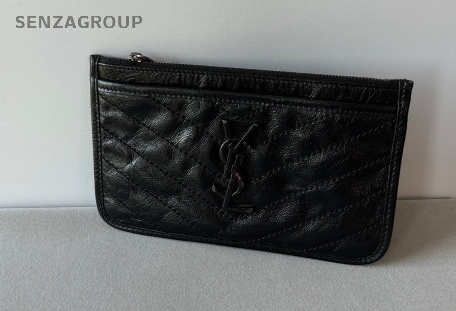YSL Saint Laurent Niki Waxed Leather Clutch Bag Women Black