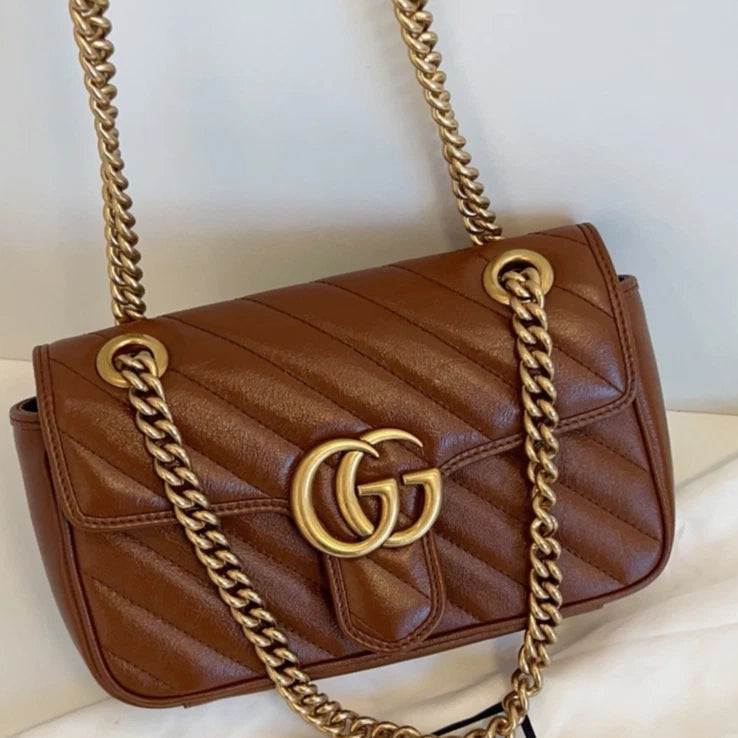 Gucci Marmont 22 Chain Shoulder Crossbody Bag Brown Gold Hardware Women