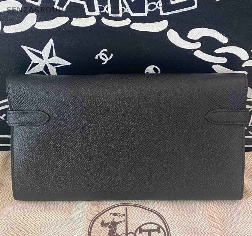 Hermes Kelly Long Wallet Epsom Leather Clutch Black Gold Used Women Classic