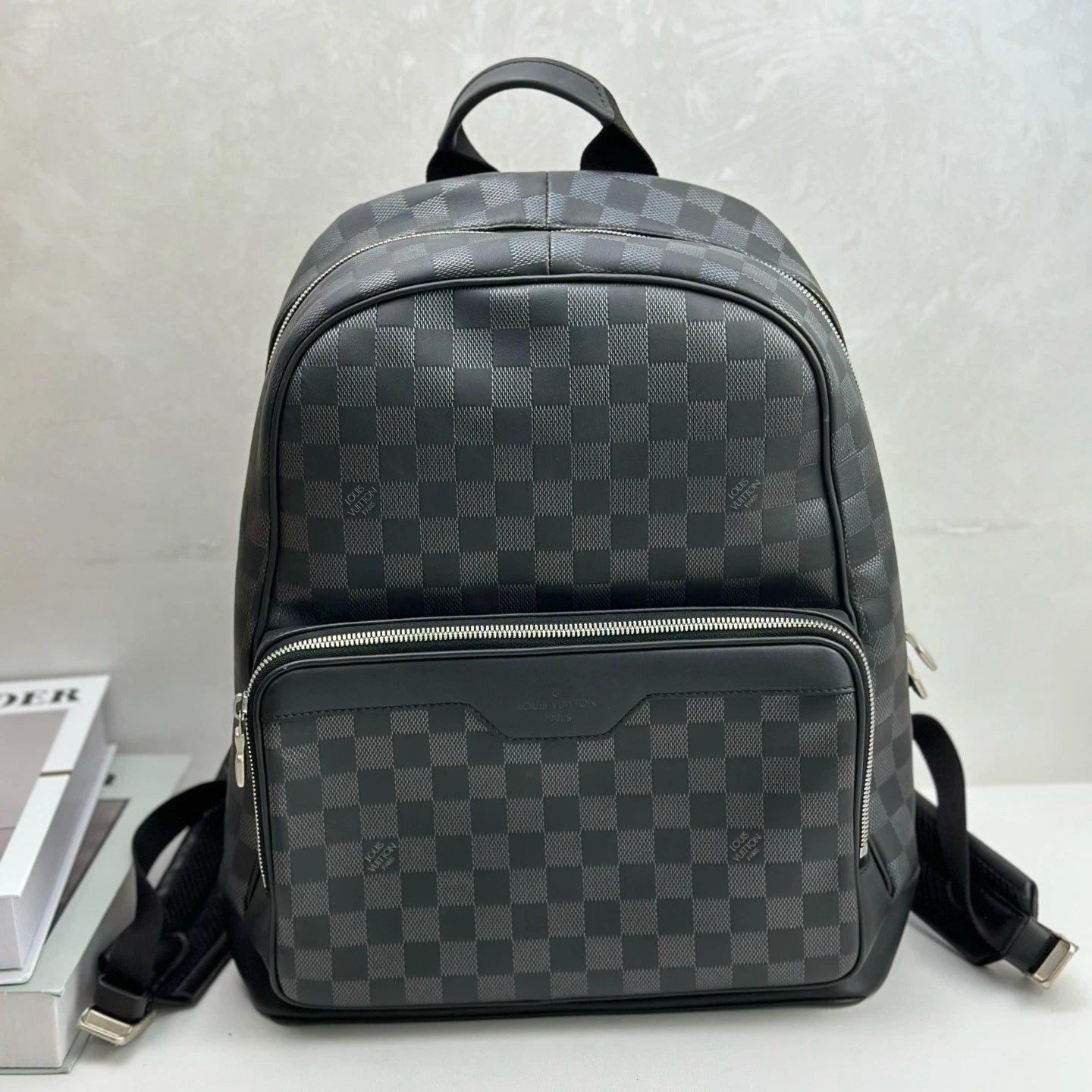Authentic Louis Vuitton Josh Black Damier Canvas Zipper Backpack Silver Hardware