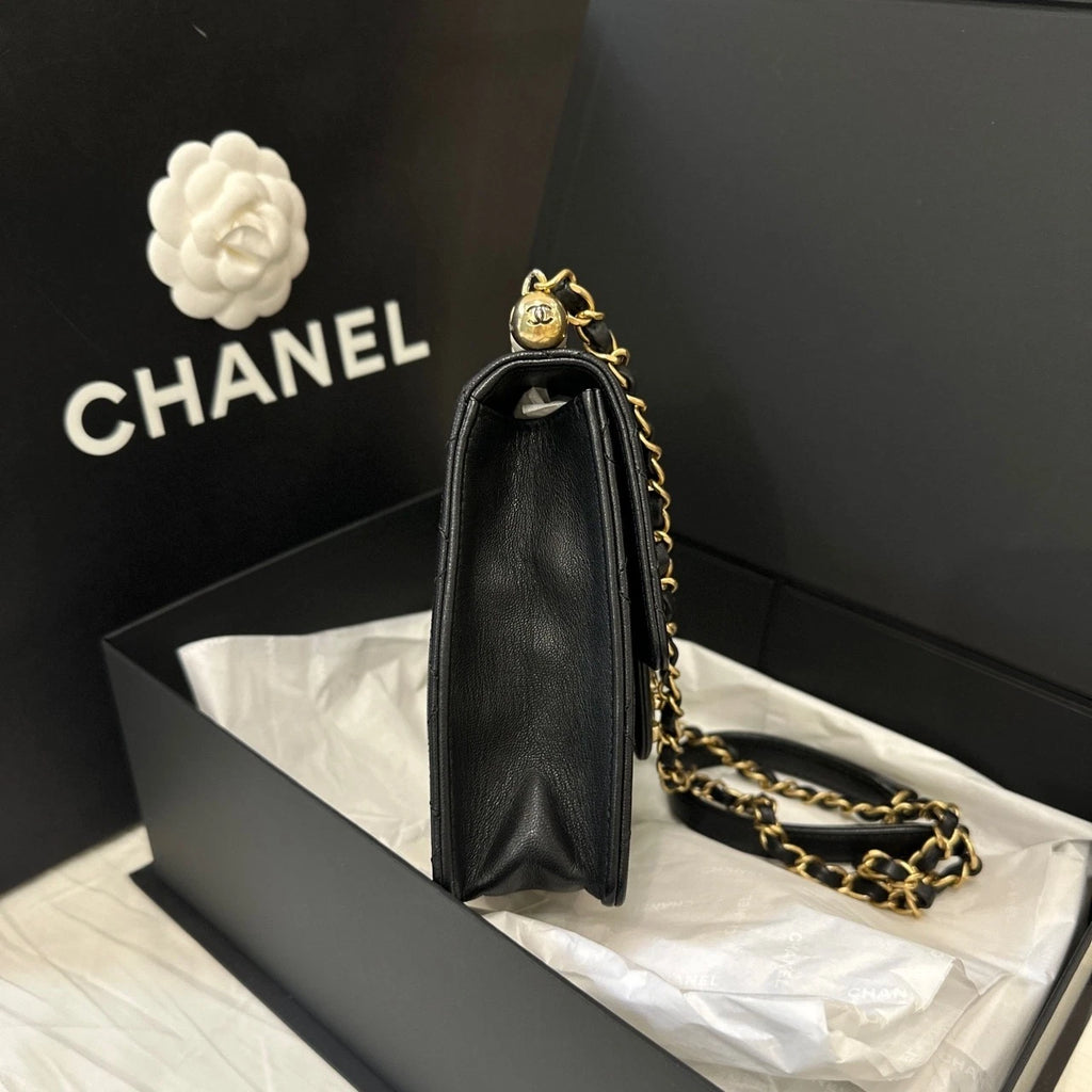 CHANEL Black Gold Lambskin Gold Buckle Pearl Crossbody Bag Women