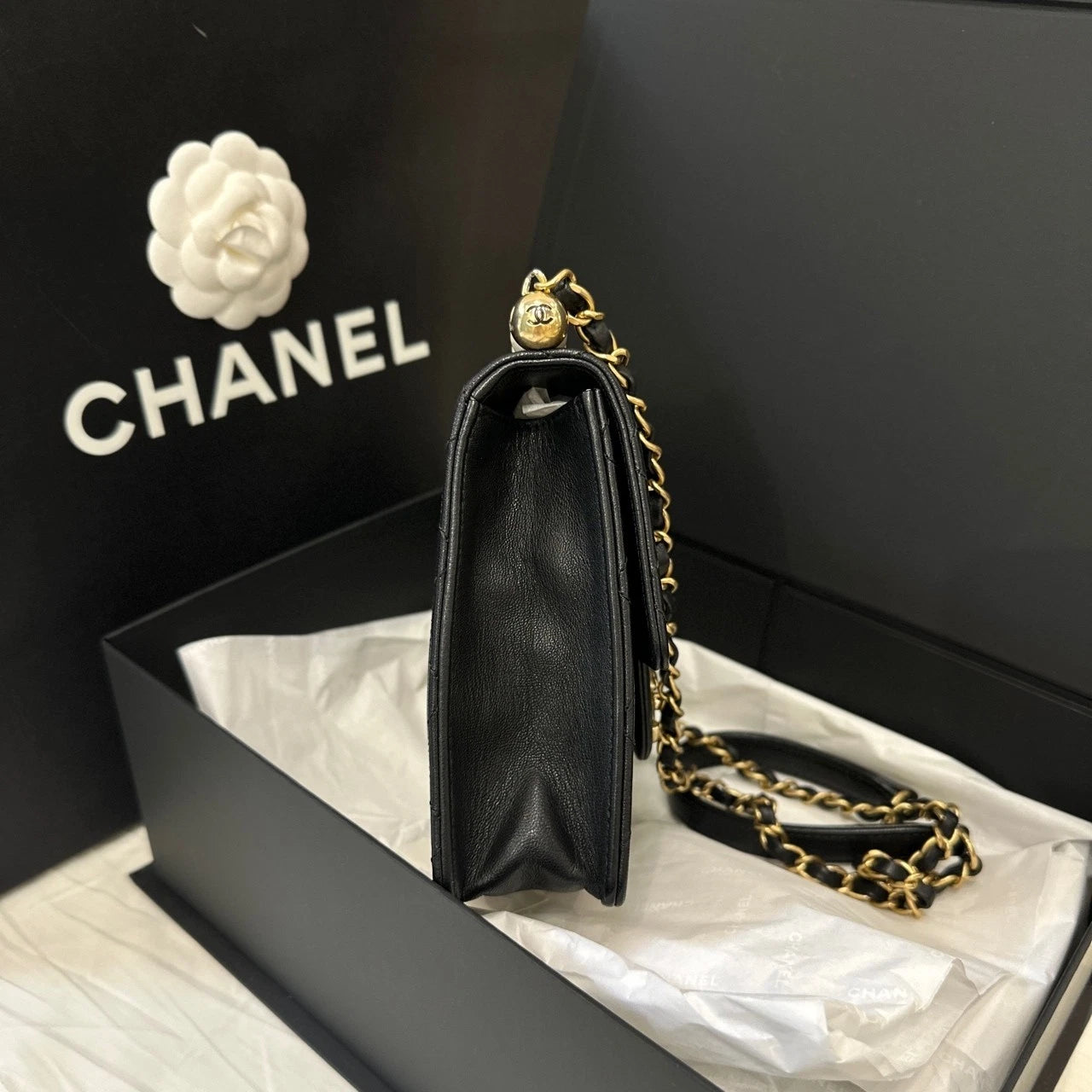 CHANEL Black Gold Lambskin Gold Buckle Pearl Crossbody Bag Women