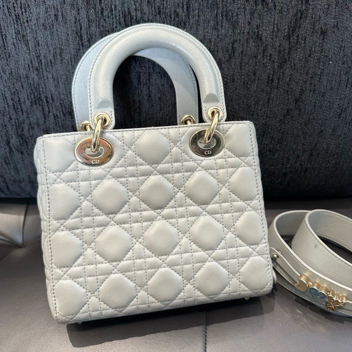 Dior Lady Dior Gold Gray Crossbody Top Handle Excellent