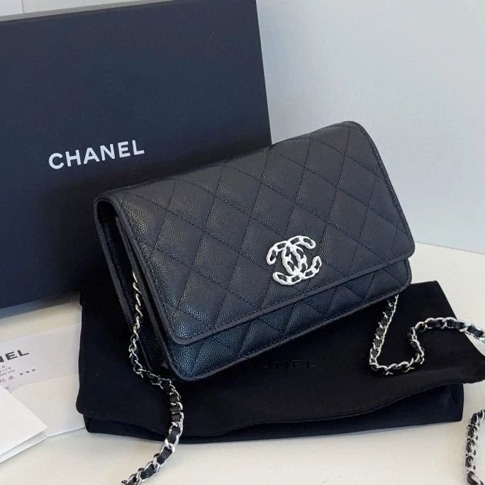 Chanel WOC Diamond Chain Top Handle Shoulder Bag Black Silver Women Classic