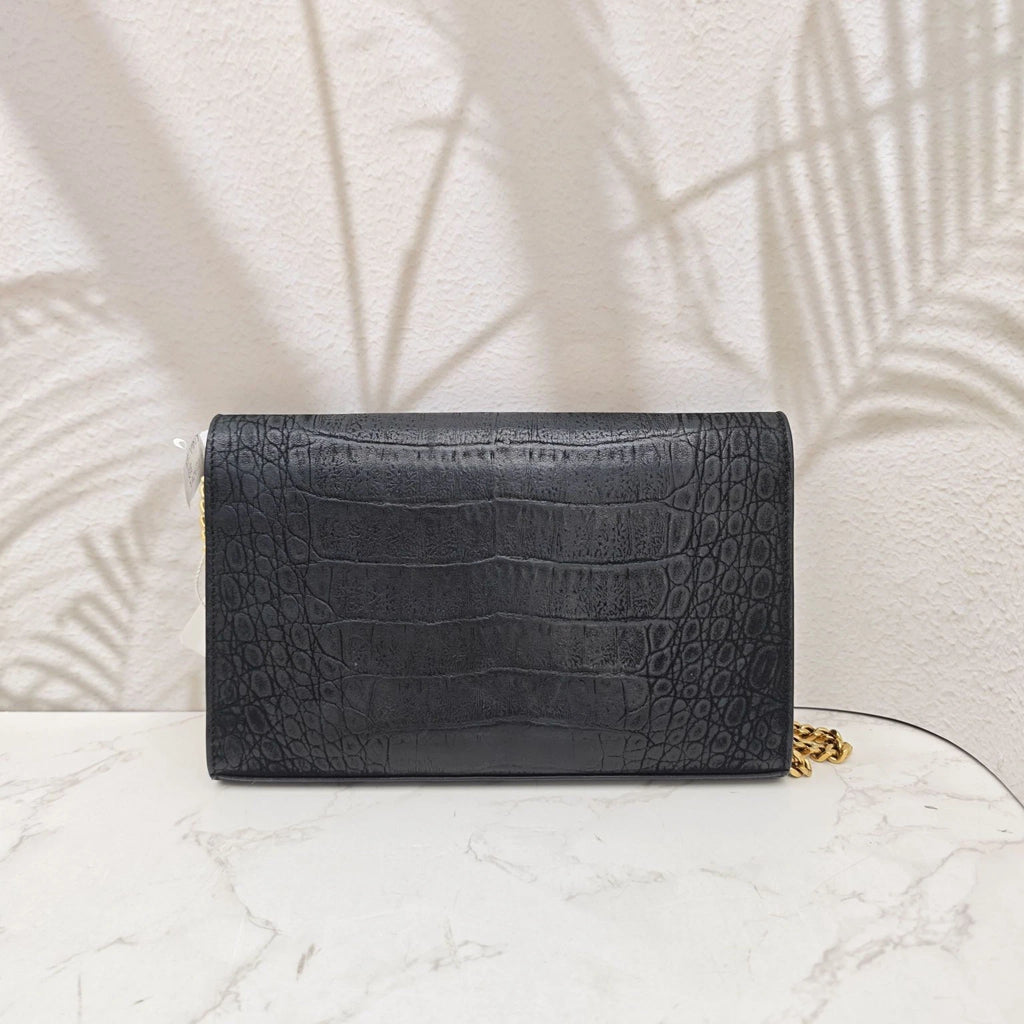 Saint Laurent Kate Black Croc-Embossed Suede Chain Shoulder Bag Women