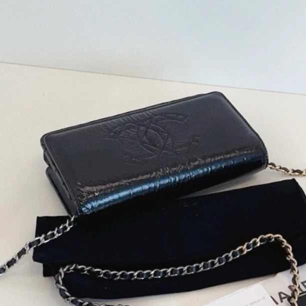 Chanel WOC Calfskin Chain Shoulder Bag Crossbody Black Gold Women Classic