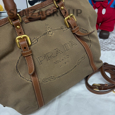 Prada Brown Canvas Tote Shoulder Crossbody Bag Women Classic Fashion