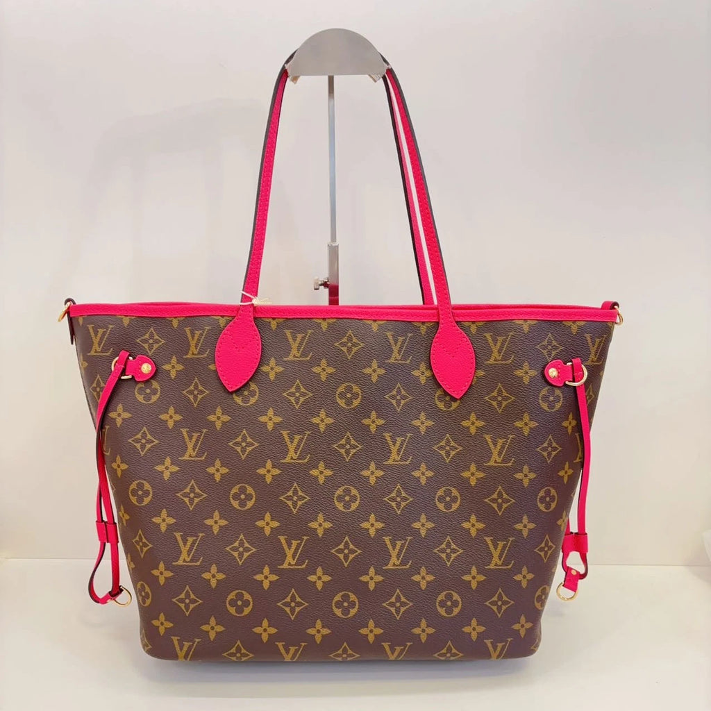 Louis Vuitton Neverfull MM Tote Shoulder Bag Monogram Canvas Brown Pink Women