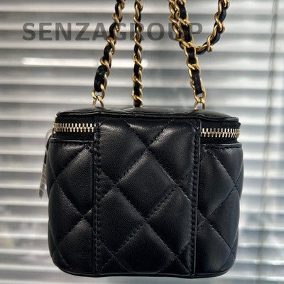 Chanel Classic Black Gold Pearl Chain Mini Square Crossbody Bag