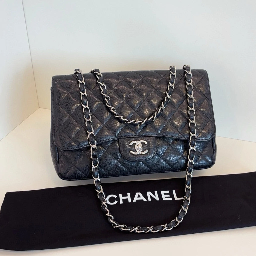 Chanel Classic Flap Jumbo Chain Shoulder Crossbody Black Silver Women Diamond