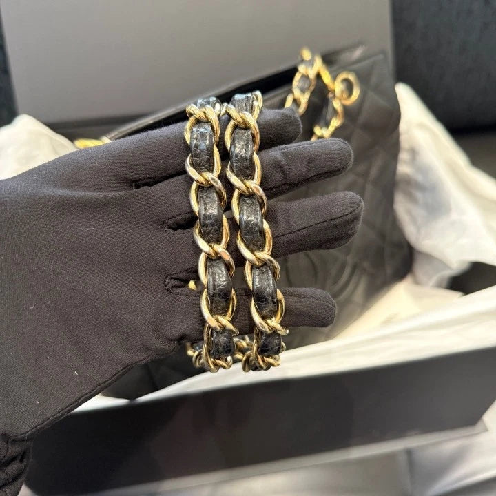 Chanel Calfskin Tote Chain Diamond Shoulder Bag Black Gold Women Classic D