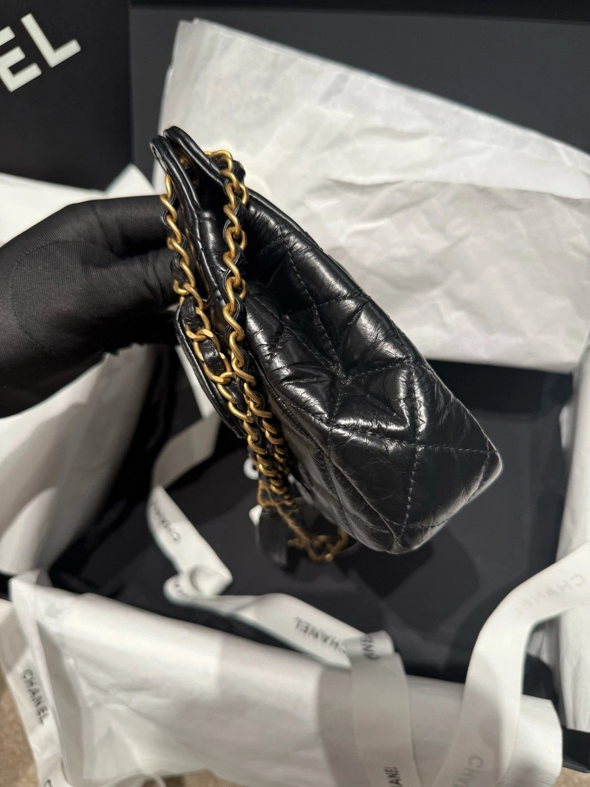 CHANEL Mini Black Gold Hobo Shoulder Bag For Women