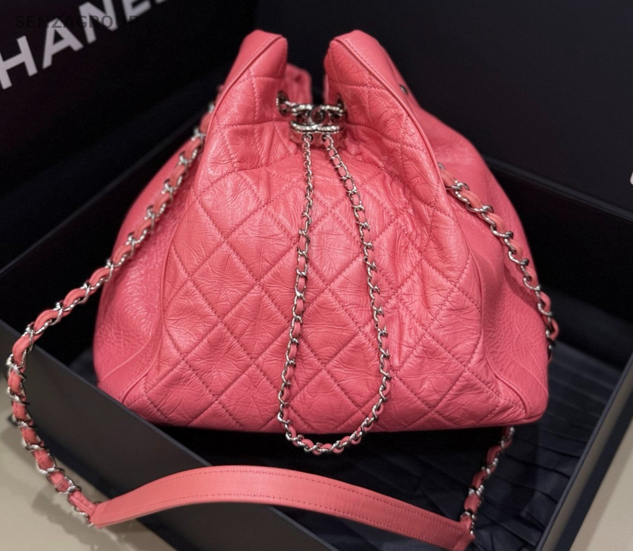CHANEL Drawstring Bucket Oil waxed leather Chain Shoulder bag Pink Women