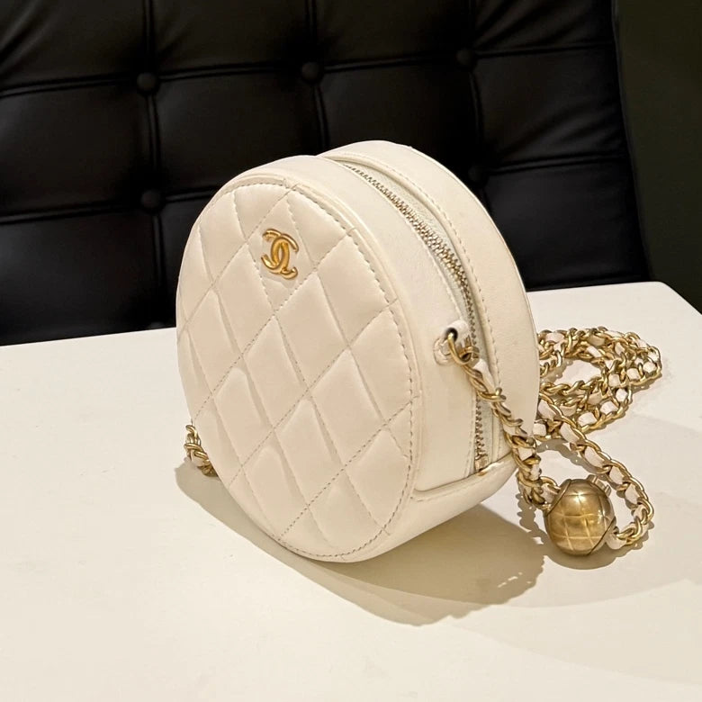 Chanel Quilted Circle Chain Crossbody Bag - Silver White Classic Women's