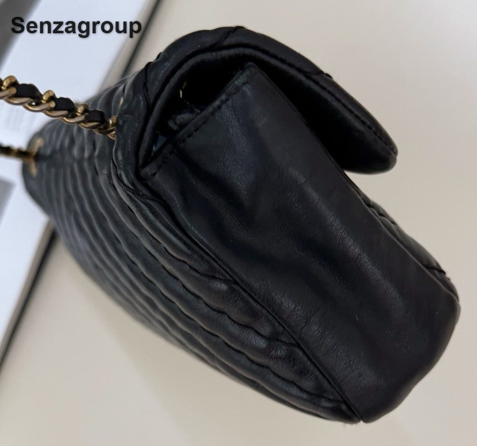 Chanel Classic Flap PM Calfskin Chain Shoulder Bag Crossbody Black Gold Women